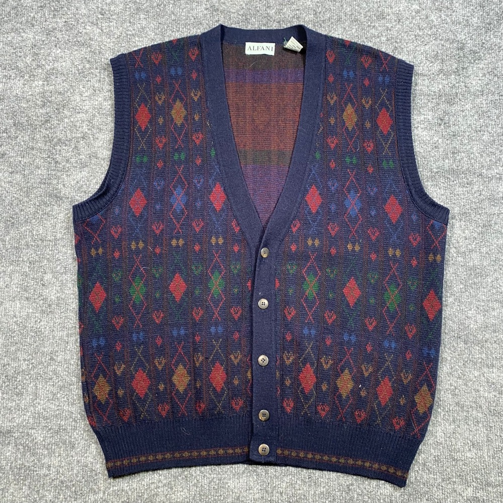Alfani Mens XL Vintage Argyle Sweater Vest Navy Blue Wool Blend Made in Italy
